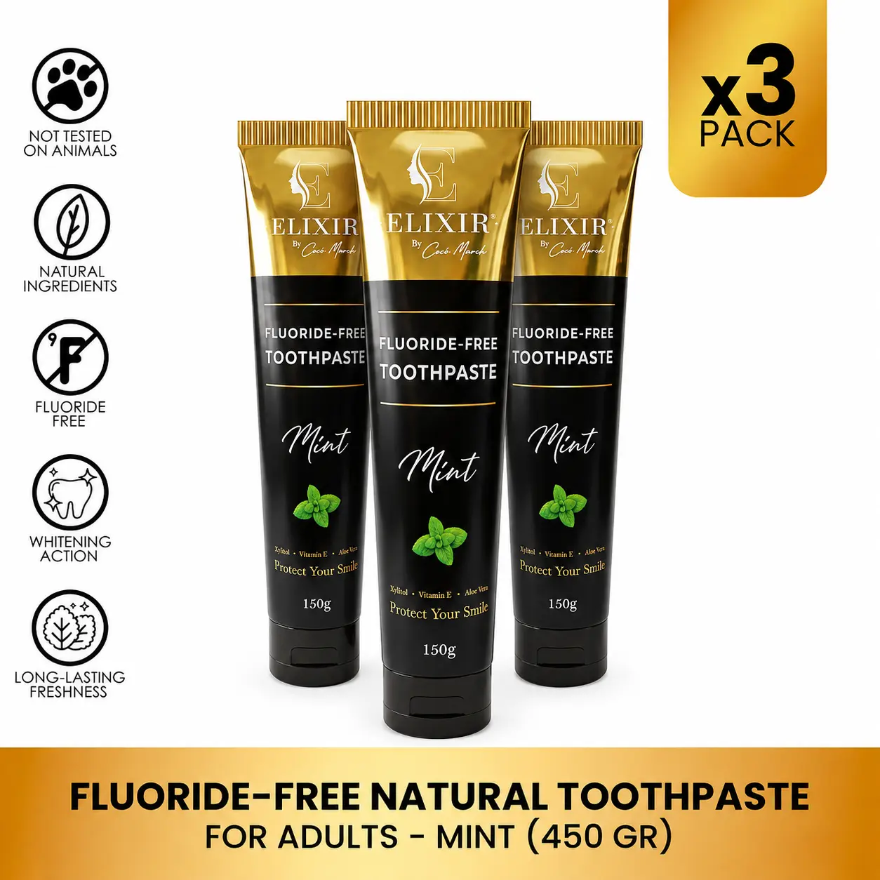 3 Pack of Elixir by Cocó March Fluoride Free Natural Toothpaste for Adults, Fresh Mint Flavor, Fresh Breath, Clean Teeth and Healthy Gums, 150g Oral Aloe Gentle