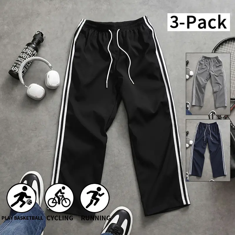 3-Pack/1-Pack Men’s Striped Wide-Leg Athletic Pants, Drawstring Elastic Casual Sweatpants, Breathable Lightweight Sports Trousers for Basketball, Running and Cycling, Suitable for Spring, Summer, and Autumn