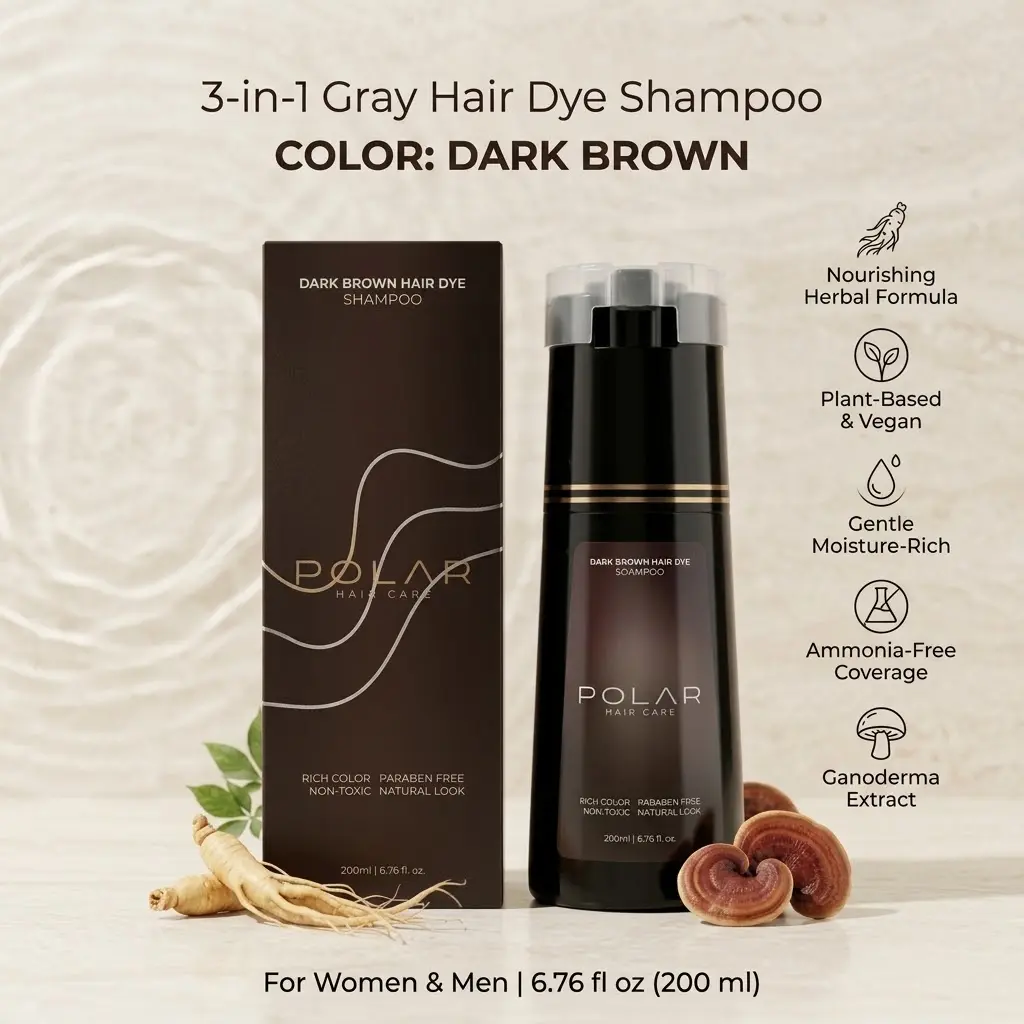 Polar Haircare 3-in-1 Gray Hair Dye Shampoo, Nourishing Herbal Ginseng Formula, Gentle Moisture-Rich, Natural Vegan Semi-Permanent, Ammonia-Free Gray Coverage, for Women & Men, 6.76 fl oz, Plant Based, Ganoderma Lucidum Extract