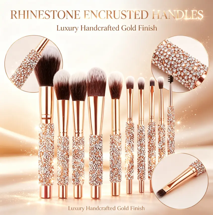 10Pcs Women Luxury Limited Pink Rhinestone Makeup Brush Set, Handmade Diamond Wrapped Cosmetic Brushes, Soft Synthetic Bristles for Foundation, Blush, Eyeshadow, Eyebrow, Complete Makeup Brush Kit with portable makeup brush bag, Ideal Gift for Ladies