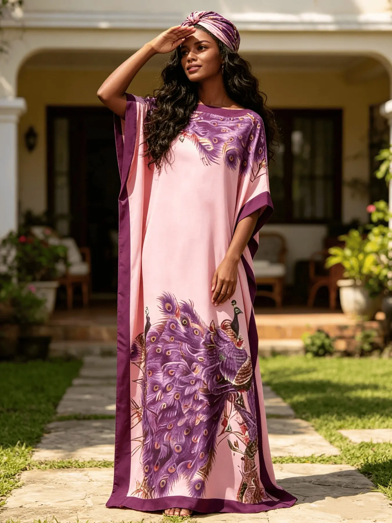 1 Robe+1 Scarf Skirt Light Pink Purple Peacock Feather Printed Robe Dress Set Large Ship Collar Loose Flesh Covering Long Dress+Scarf Gentle Light Luxury Vacation Style Long Dress Muslim Elegant and Noble Vacation/Daily Flesh Covering and Slimming Two Pie