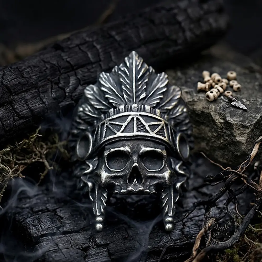 GTHIC Vintage Stainless Steel Skull Ring with Tribal Chief Sculpture & Skull Headdress, Lightweight Fit Edgy Gothic Unisex Band Jewelry for Men’s Accessories & Daily Wear, Biker Streetwear Outfit Piece