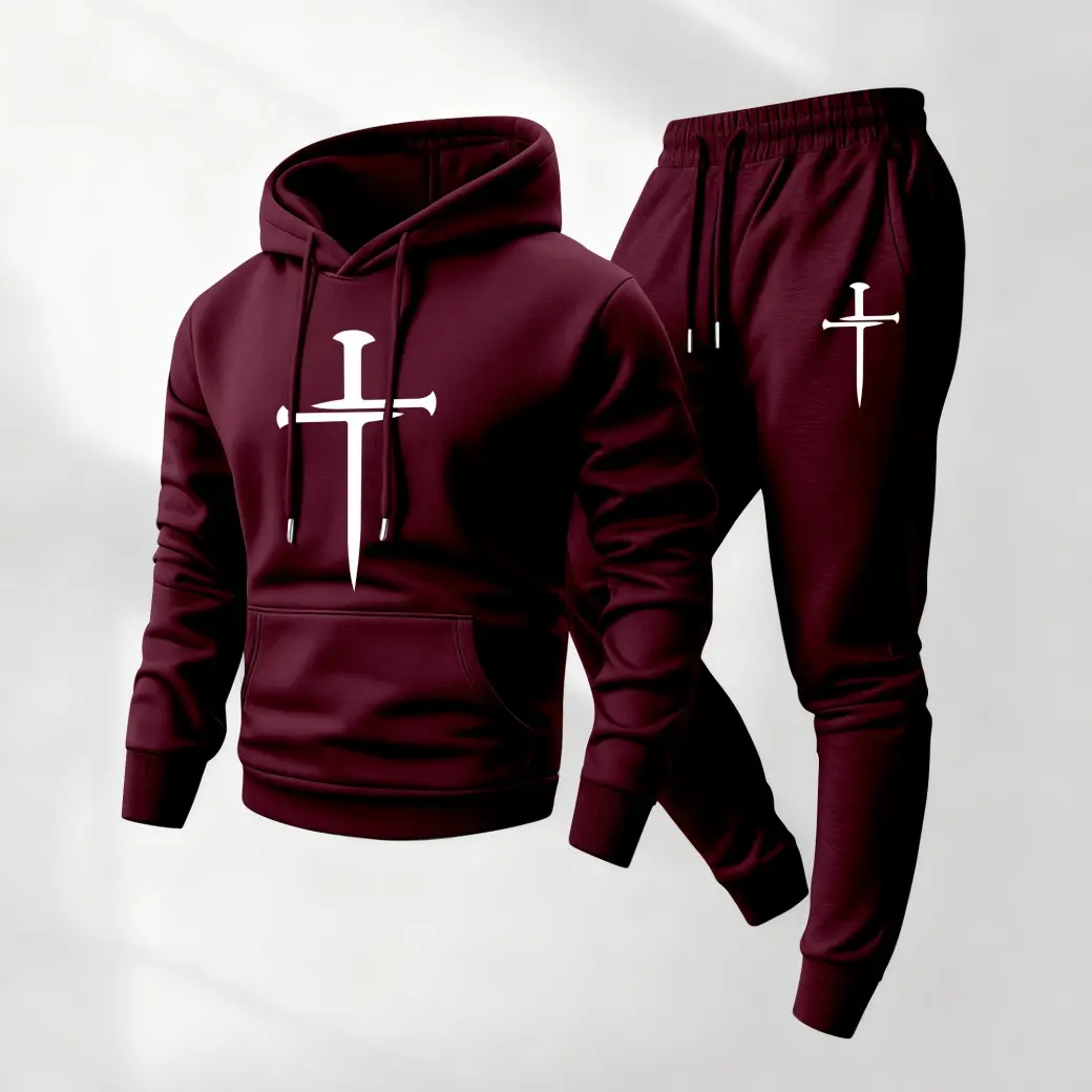 Male Loose-Fitting 2-Piece Christian Printed Hoodie & Drawstring Sweatpants Set - Athletic Activewear Tracksuits, Long Sleeve Hooded Jacket & Trousers, Machine Wash Casual Fall Winter Daily Indoor Wear, Casual Gym Wear, Polyester, Mensfashion