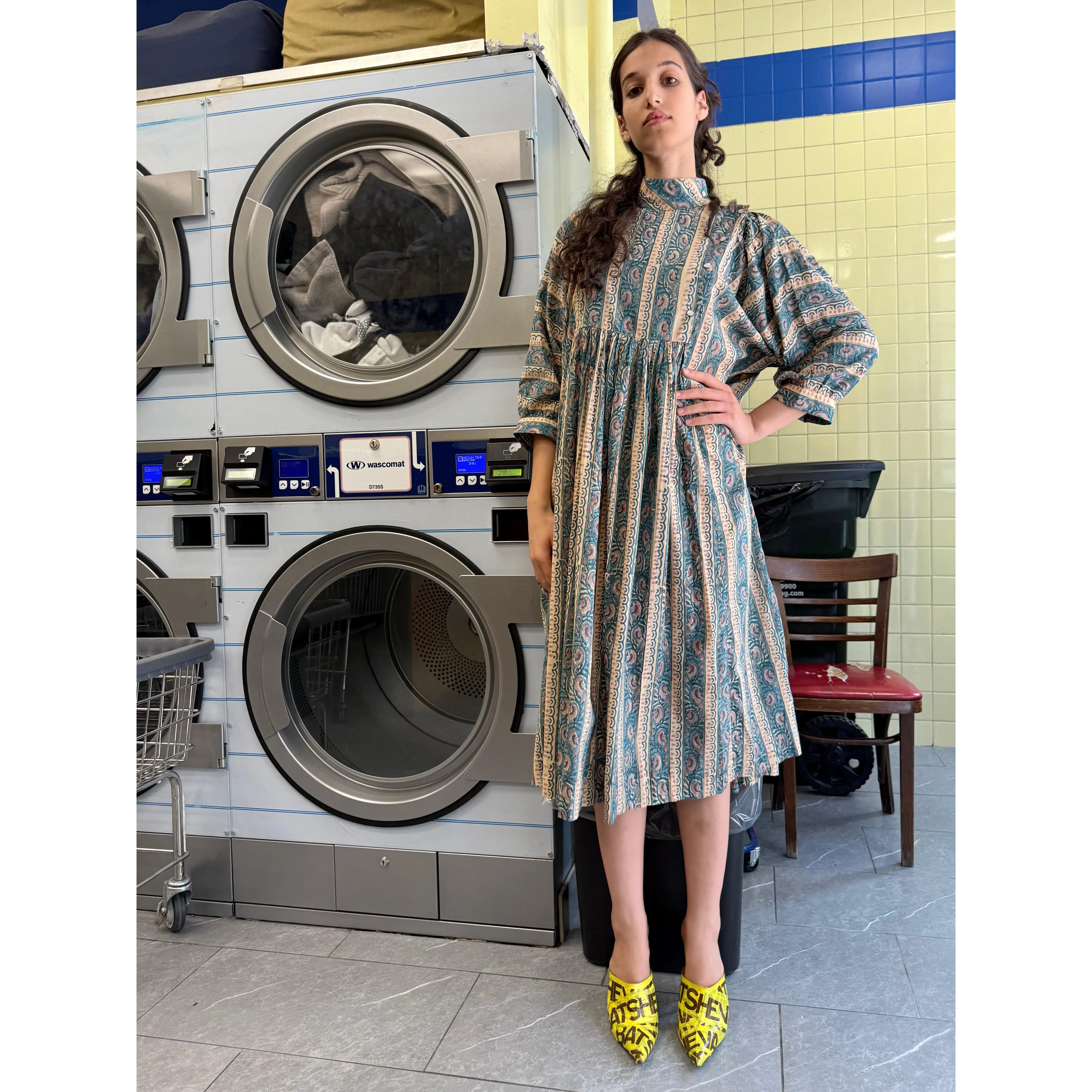 Snap Smock Dress in Teal and Beige Floral