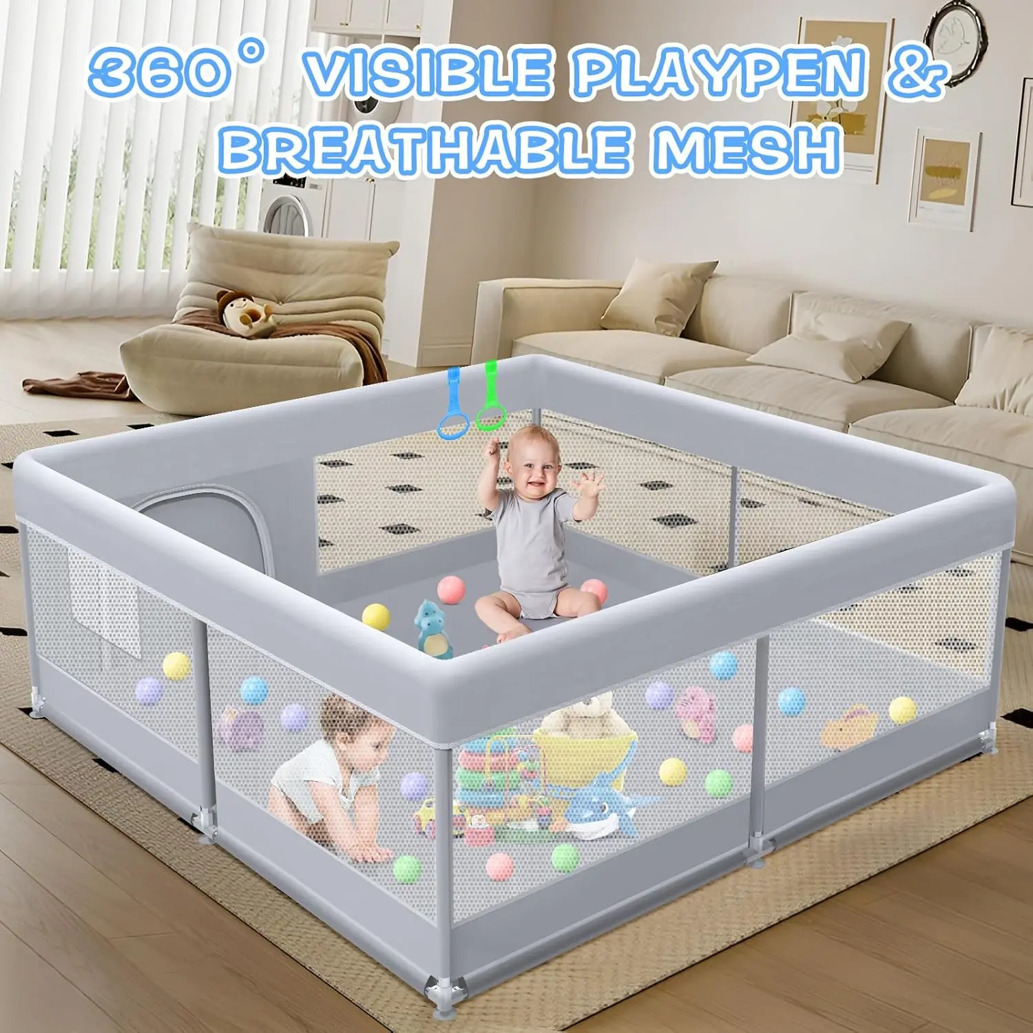 74x50 in Durable Portable Safety Floor Playpen for Babies - Skin-Friendly Fabric, Soft Breathable Mesh Plastic Playard, Indoor-Outdoor Active Center Game Fence, Grey, Durable Playpen