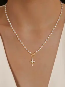Golden Pearl Beaded Crown Cross Necklace for Women, 4mm Pearls 3mm Beads Dainty Layered Style Jewelry Gift For Easter