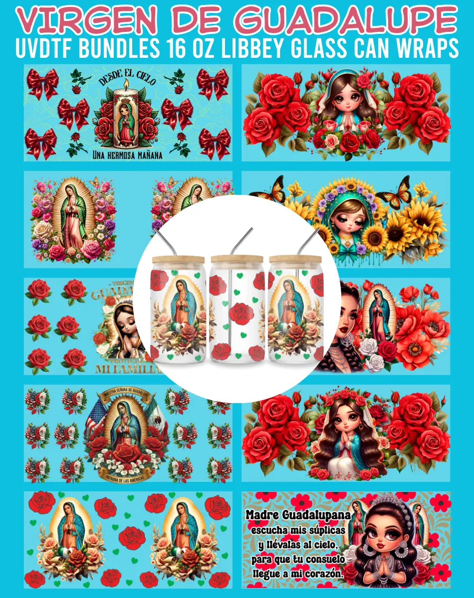 Virgen de Guadalupe UVDTF Bundles - 16 Oz Libbey Glass Can Wraps, Crafts Cup Stickers, Decorative Tumbler Stickers, Decorative Stickers