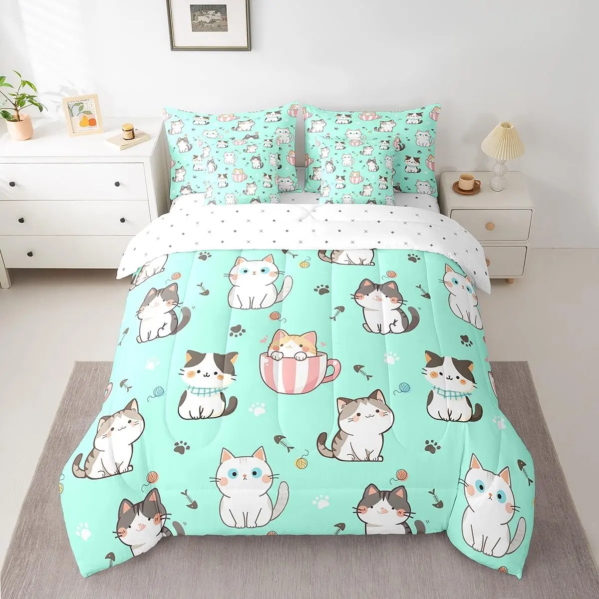 Cat Comforter Set with Sheets for Kids Boys Girls Cats Print Bed in a Bag Cartoon Animals 7 Pieces Bedding Set Bedroom Decor Cute Kitten Bed Set Cat Lover,Green