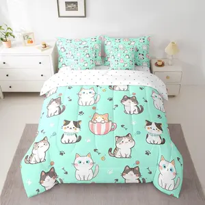 Cat Comforter Set with Sheets for Kids Boys Girls Cats Print Bed in a Bag Cartoon Animals 7 Pieces Bedding Set Bedroom Decor Cute Kitten Bed Set Cat Lover,Green