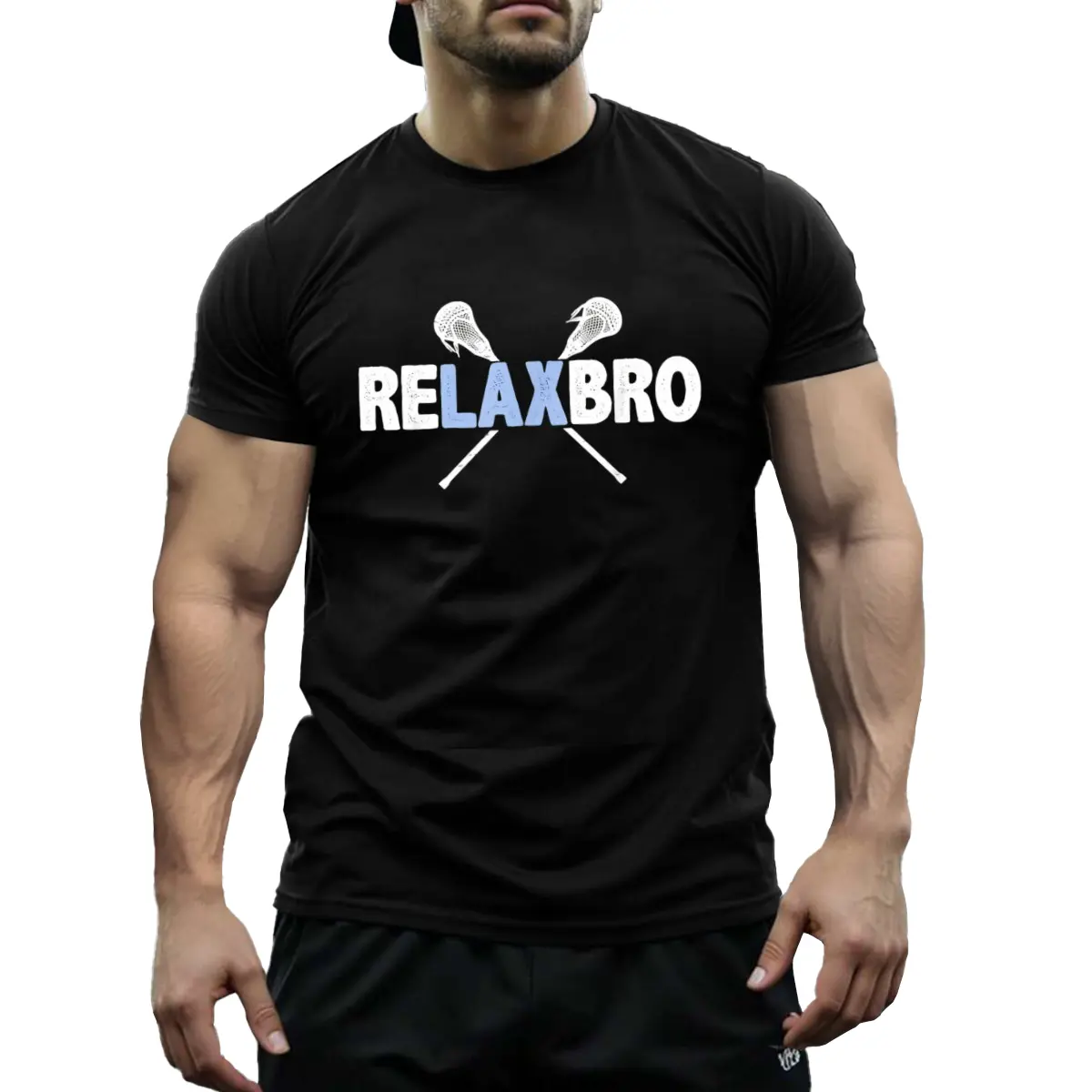 Men's Relax Bro Funny Lacrosse Graphic T-Shirt - Black Cotton Menswear Top, Shortsleeve Round Neck, Blue Lacrosse Sticks Design, Lightweight 180g/m², Machine Washable Streetwear for Teens