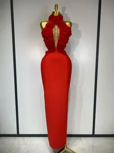 Alana Red Halter Hollow Out Flower Bodycon Bandage Dress
