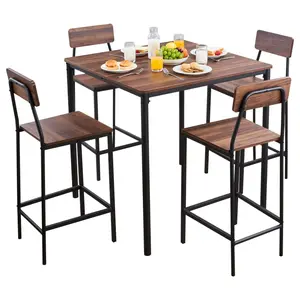 VEVOR Simple 5PCS Particle Board Square Bar Table Set with 4 Stools, 35 in Square Shape Table + Backed Chairs, Push-Under Seats, Rounded Edges for Living Room, Dining Room, Walnut & Black