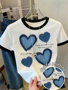 Women's Silk Touch Milk Feel T-Shirt, Round Neck Short Sleeve, Casual Fitted Slim Fit, Blue Heart Print, All Seasons, Womenswear