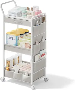 3-Tier Diaper Organizer - Rolling Baby Cart with Drawer and Side Pockets for Nursery and, Multi-Function Cart for Bedroom and, White