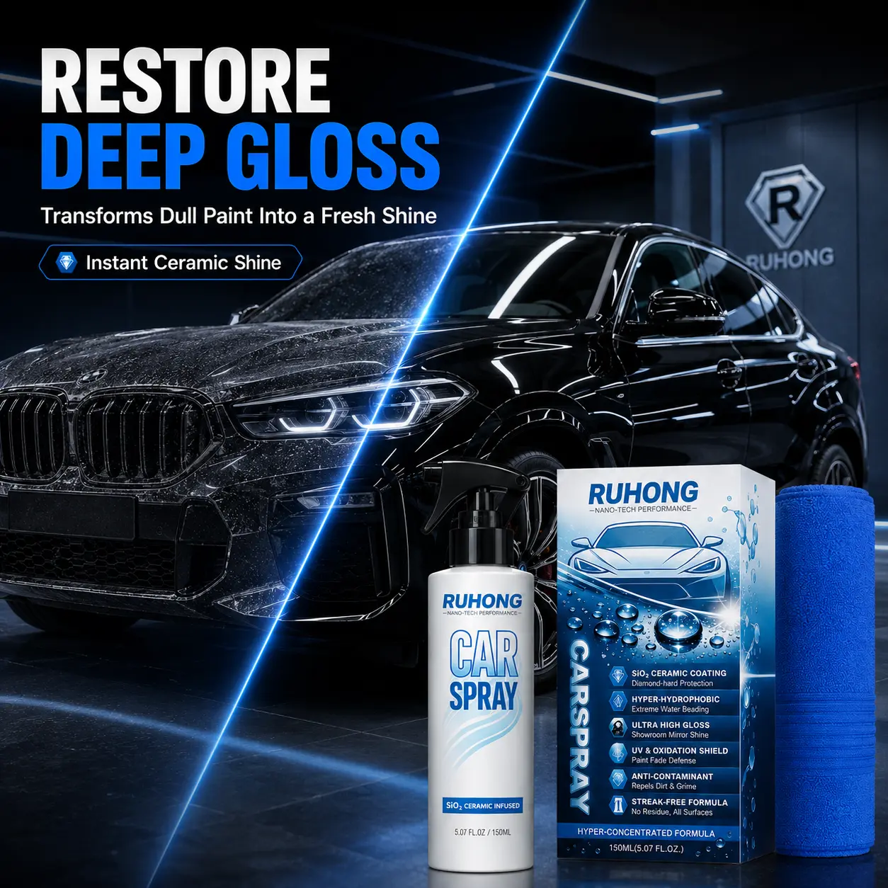 SiO2 Ceramic Car Coating Spray 150ml with Microfiber Towel Fast Acting Nano Car Polish and Paint Sealant Hydrophobic High Gloss Anti Stain UV Protection for Daily Car Care