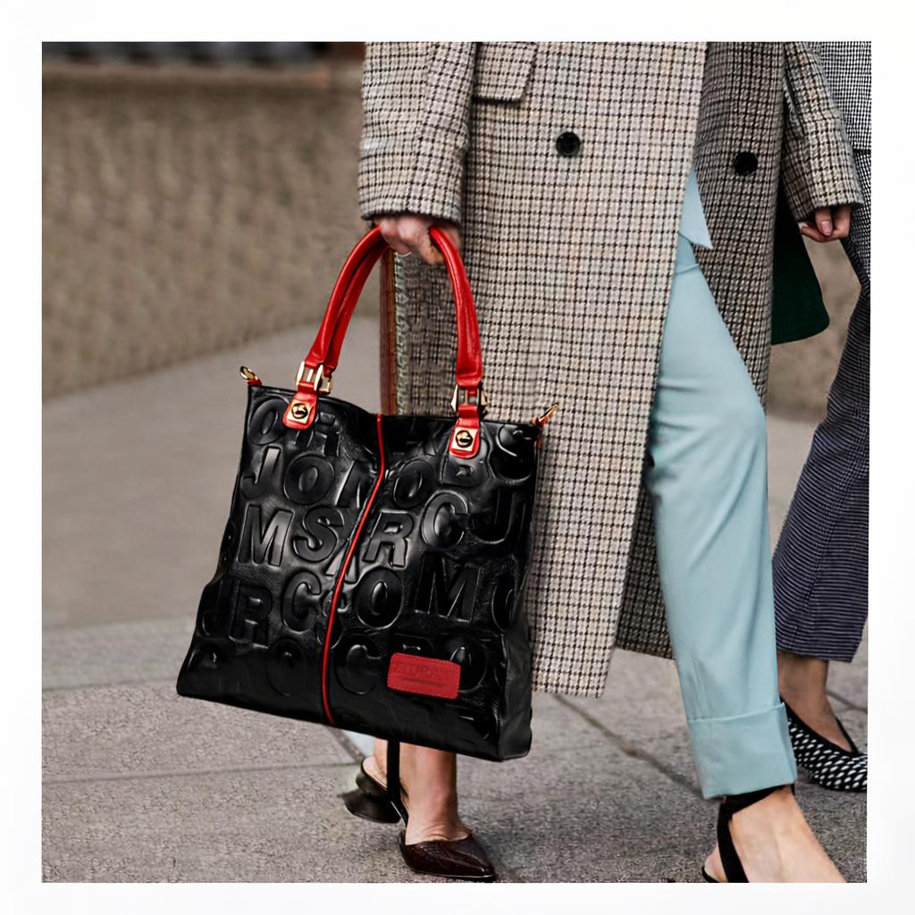 Women's Glossy Faux Leather  city   Tote Bag with Red Handles and Striking Embossed Letter Pattern