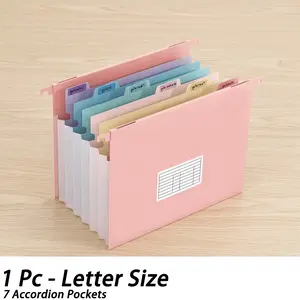 1 Pc Letter Size Expanding Hanging File Folders for Filing Cabinet, 7 Accordion Pockets with 1.2'' Expandable File Cabinet Organizer, Multi-Color Tabs, Letter Size, 50% Wheat Straw, Office Storage Supplies