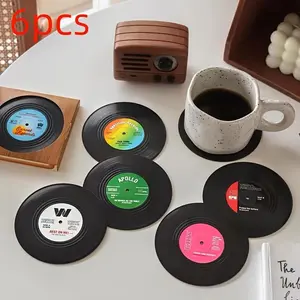 Retro Disc Design Drink Coaster, 6pcs/Set Creative Heat Resistant Non-slip Cup Pads For Home Kitchen Party Table Decor, Kitchen Accessories, Bedroom Decor, Home Decor