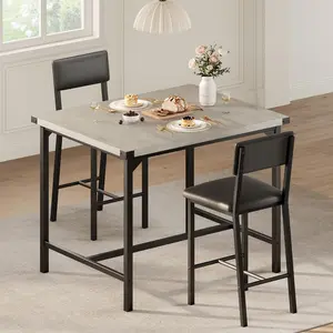 Gray Dining Table Set for 2 W/Footrest & Backrest, Counter Height Table with 2 Upholstered Bar Chairs, Kitchen Table Set with Corner Protector, for Small Space