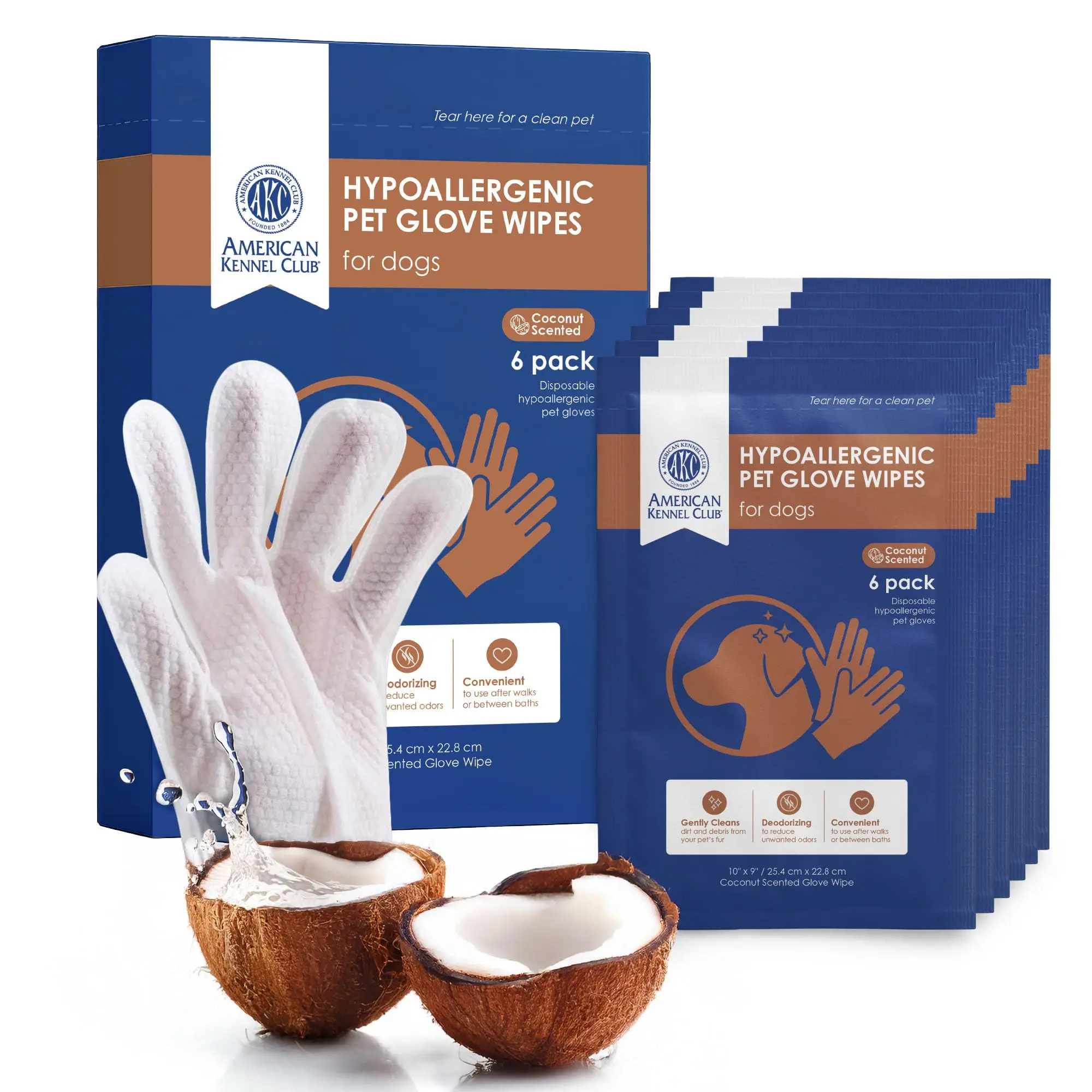 American Kennel Club Coconut-Scented Pet Bathing Gloves for Dogs & Cats, No-Rinse, Pack of 6