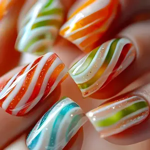 Candy Swirl Press On Nails | CurvLife Nail | 30pcs Medium Coffin Fake Nails | Glossy Finish with Colorful Striped Swirls & Subtle Sparkles | Easy to Apply, Comfortable & Long-Lasting | Great for Carnival Visits, Birthday Bashes & Sweet-Themed Events