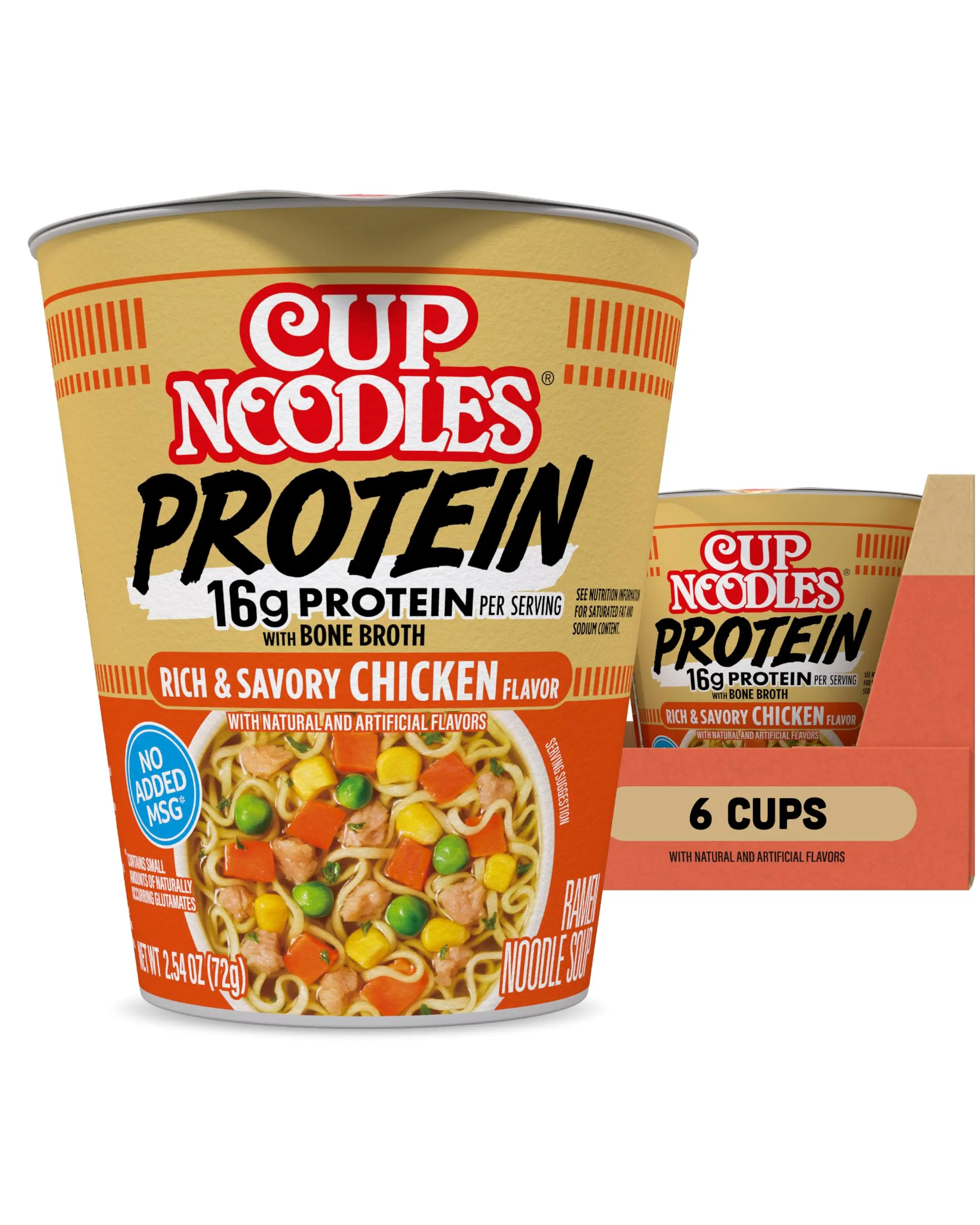 Nissin Cup Noodles Protein Ramen, Chicken Flavor with Bone Broth, 16g Protein, Instant Noodle Cups, 6 Pack