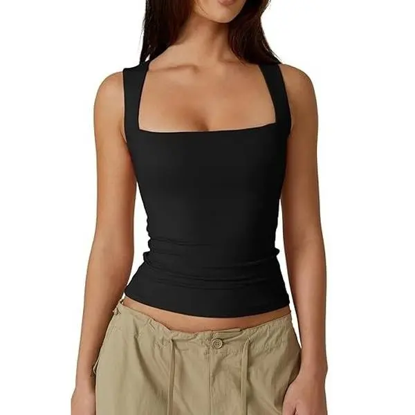 QINSEN Women's Slanted Shoulder Square Neck Sleeveless Double-Layer Fitted Tank Tops QINSEN Women's Slanted Shoulder Square Neck Sleeveless Double-Layer Fitted Tank Tops