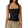 QINSEN Women's Slanted Shoulder Square Neck Sleeveless Double-Layer Fitted Tank Tops