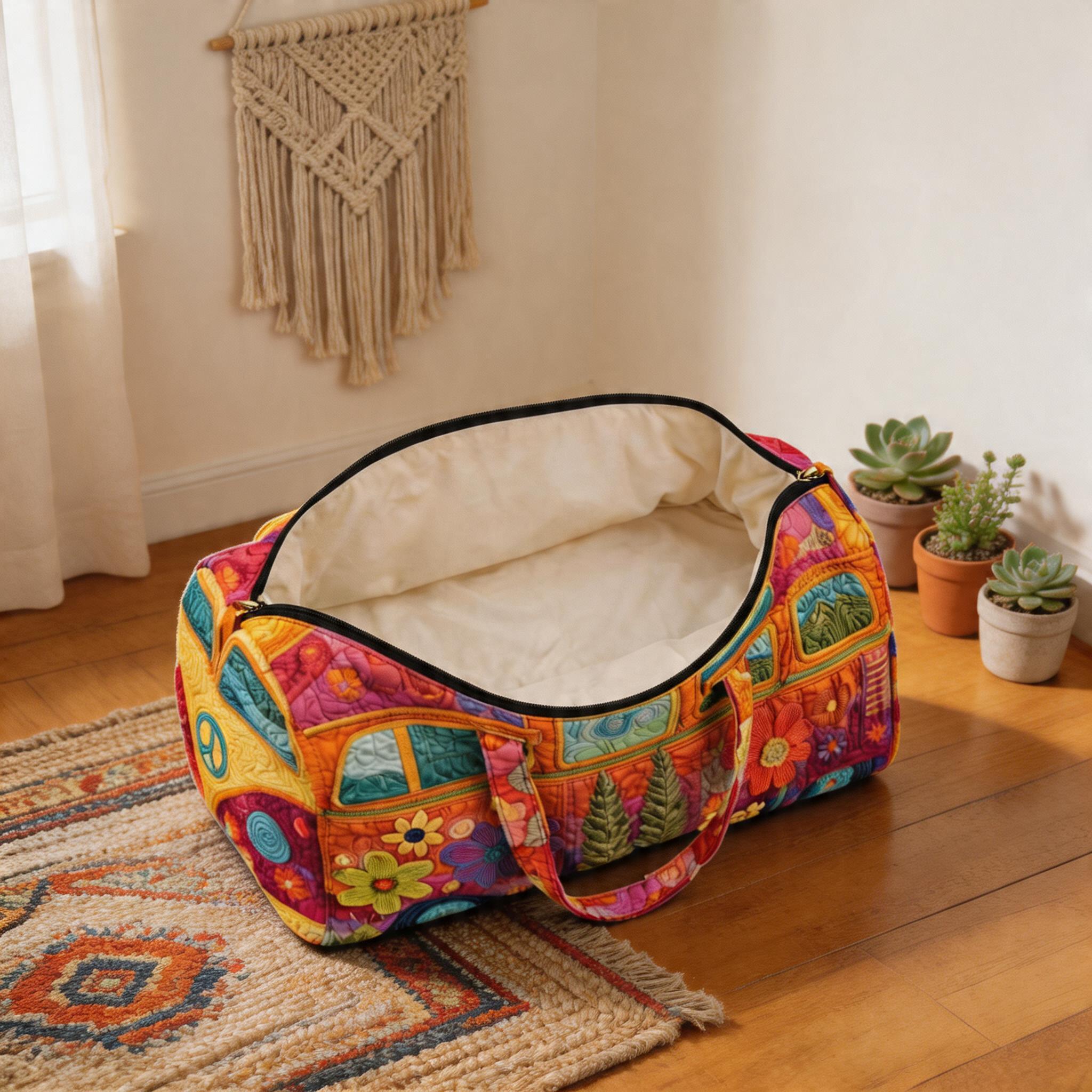 Retro style hippie bus quilted travel bag - Bohemian, high-definition printed bus bag with colorful floral patterns, weekend luggage bag, large capacity fitness bag