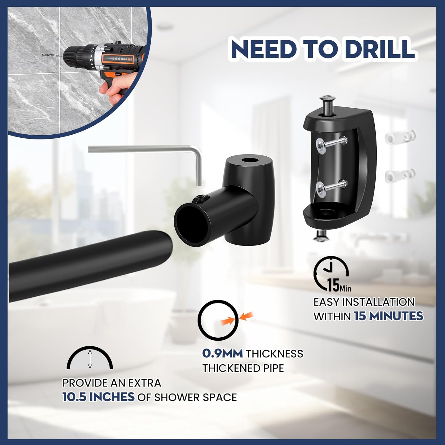 Black Curved Shower Curtain Rod 33-78 Inches Adjustable Splicing Design Need To Drill Shower Rods Curved Round Bowed Rust proof, Premium Stainless Steel Shower Curtain Rod for Bathroom, Bathtub, Stall