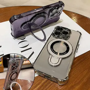 Luxury Plating Shockproof Magnetic Bracket Clear Case For iPhone 15 11 12 13 14 Pro Max Plus With Holder Stand Cover
