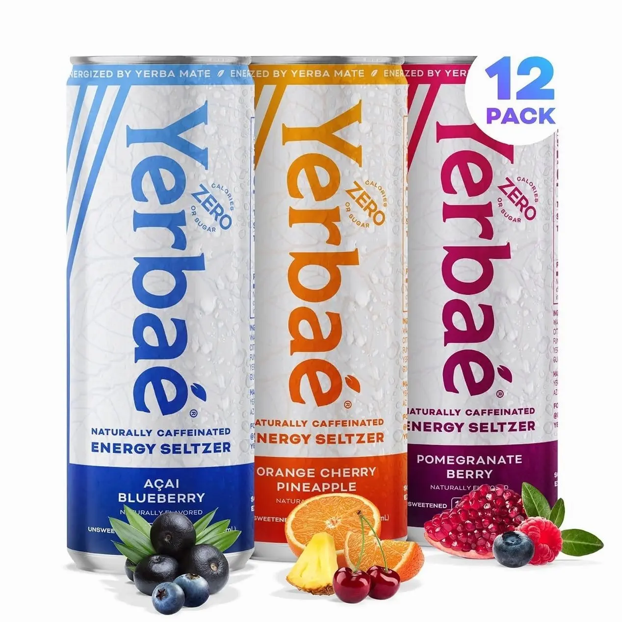 Yerbaé Energy Seltzer - Variety Performance Pack. No Sugar/Calories/Carbs. Energized by Yerba Mate Naturally Caffeinated Plant-Based, Healthy Alternative to Coffee/Sugary Sodas, Pack of 12, 12oz cans
