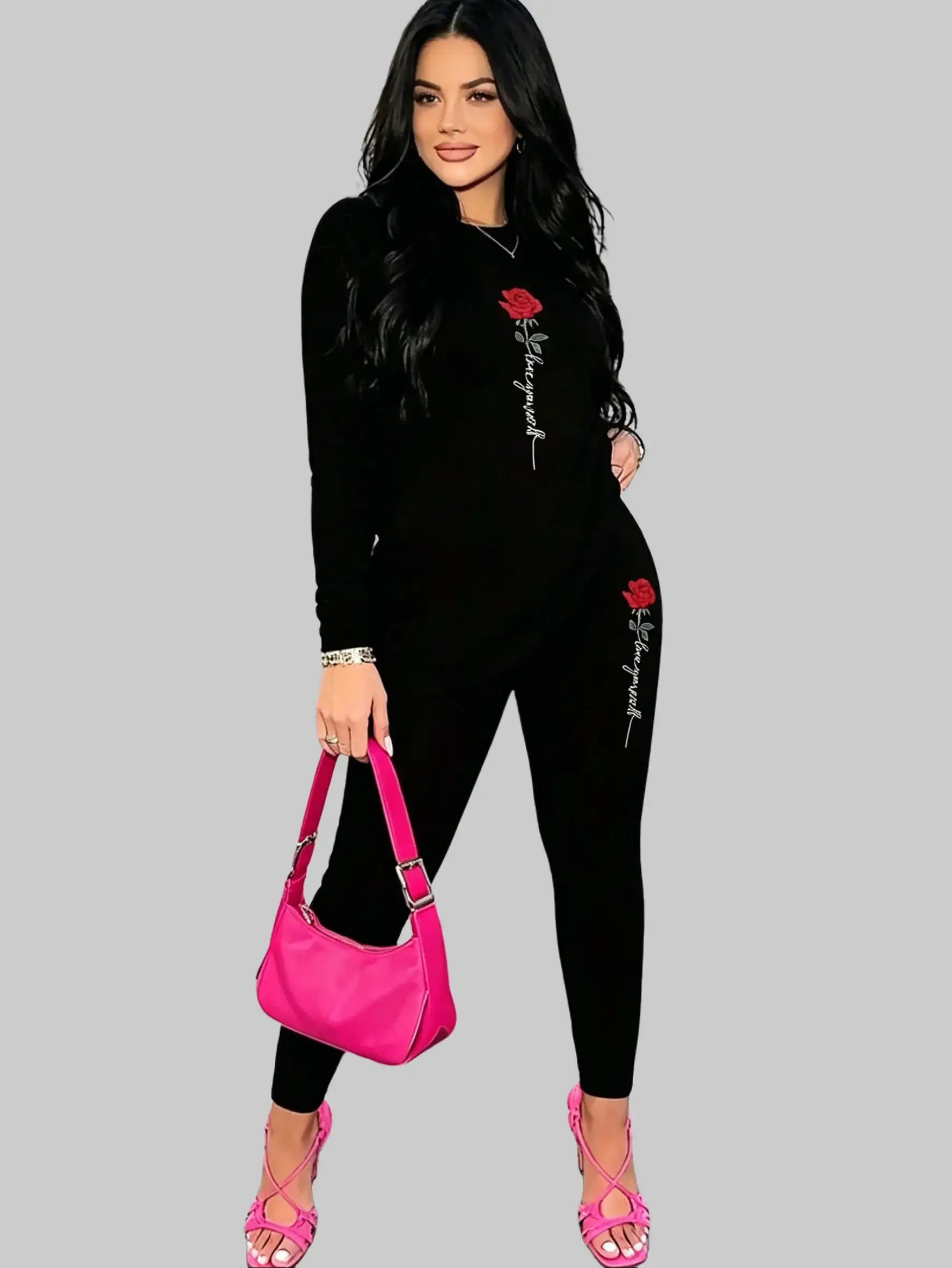 Women’s 2-Piece Matching Set, ElegantRose Slogan Print Long Sleeve Top & High Waist Leggings, Soft Stretchable Casual Tracksuit, For Everyday Wear & Weekend Outings