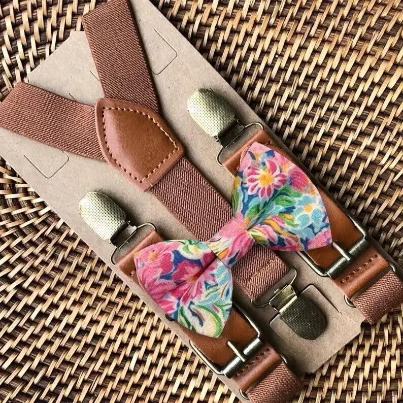 Pink Summer Floral Bow Tie & Cognac Brown Suspenders