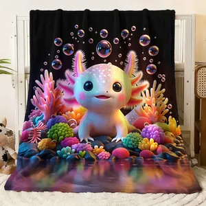 Cute Axolotl Print Blanket with Colorful Coral & Bubbles Design, Soft Flannel Throw for Bed Couch, Vibrant Cartoon Animal Pattern Multi - Size Blanket