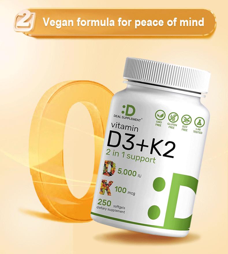 Deal Supplement Vitamin D3 & K2 250 Veggie Softgels 5000 IU D3 100mcg K2 MK7 Supports Healthy Bones Teeth Heart & Immune System Calcium Supplement Deal Supplement Vitamin D3 & K2 250 Veggie Softgels 5000 IU D3 100mcg K2 MK7 Supports Healthy Bones Teeth Heart & Immune System Calcium Supplement