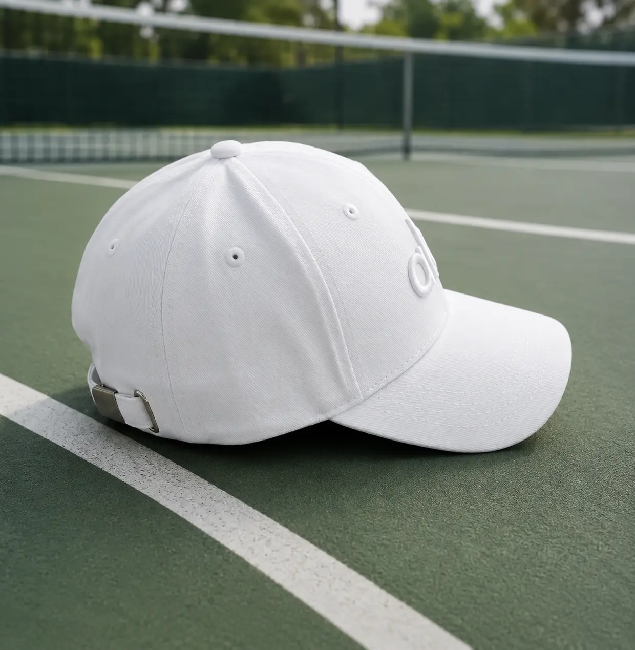 White Performance District Off-Duty Trucker Hat - 100% Polyester Black Baseball Cap with White Letters, Sun Protection, Durable Woven Minimalist Outdoor Headwear for Running & Activities