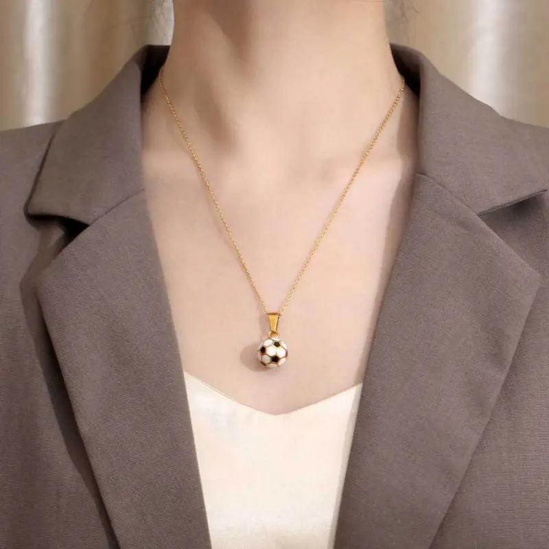 Cute Soccer Ball Pendant Necklace, Stainless Steel Geometric Sphere Charm for Women, 60cm Metal Coated Bead Ball Chain Accessory Jewelry
