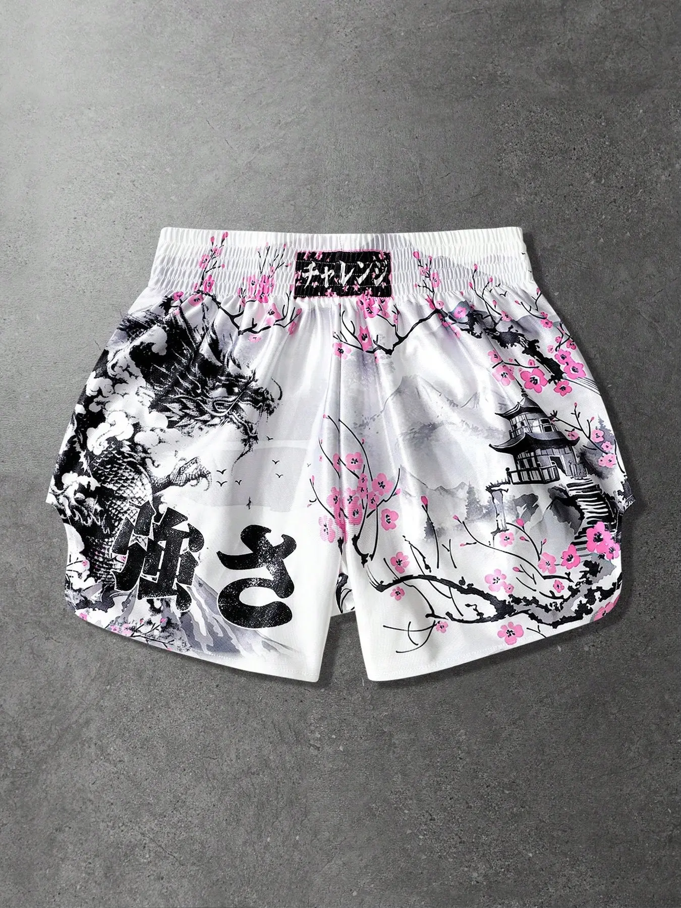 Men's Japanese-Style Dragon and Cherry Blossom Muay Thai Shorts, Athletic Shorts, Graphic Fitness Shorts, Performance Training Shorts, Satin Material MMA Ready Training Shorts, Loose Fit, Suitable for Versatile Use in MMA, Boxing, and Brazilian Jiu-Jitsu.