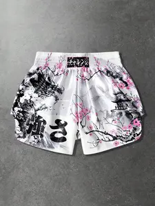 Men's Japanese-Style Dragon and Cherry Blossom Muay Thai Shorts, Satin MMA Training Shorts, Suitable for MMA, Boxing, and Brazilian Jiu-Jitsu.