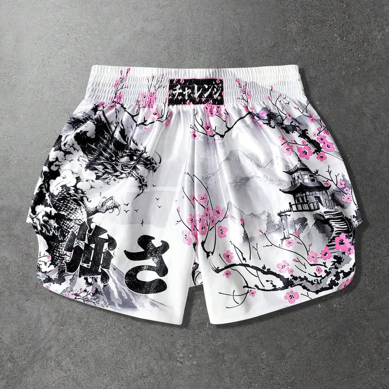 Men's Japanese-Style Dragon and Cherry Blossom Muay Thai Shorts, Summer Athletic Shorts, Athletic Shorts, Active Shorts, Satin Material, Loose Fit, Suitable for MMA, Boxing, and Brazilian Jiu-Jitsu