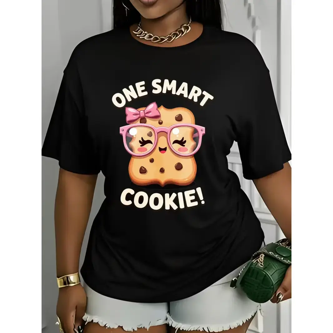 Cute Cookie with Glasses And Bow One Smart Cookie Design Women Round Neck T Shirt Loose Fit 100 Percent Fashion Versatile Soft Comfortable Fabric Suitable for Daily Wear And Holiday Gifts Perfect for Friends Family And Love Cute Characters Spring summervi