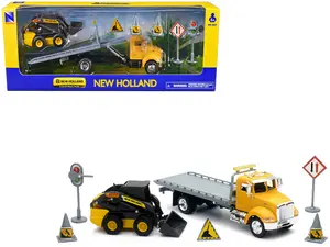 Peterbilt Roll-Off Flatbed Truck Yellow and New Holland L228 Skid Steer Yellow with Road Signs 1/43 Diecast Model by New Ray
