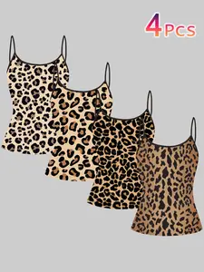 Classic Leopard Print Strappy Top, Summer Home Sleepwear Outerwear, Unique Slim-Fit Shirt Set of Four Pieces, Casual Style