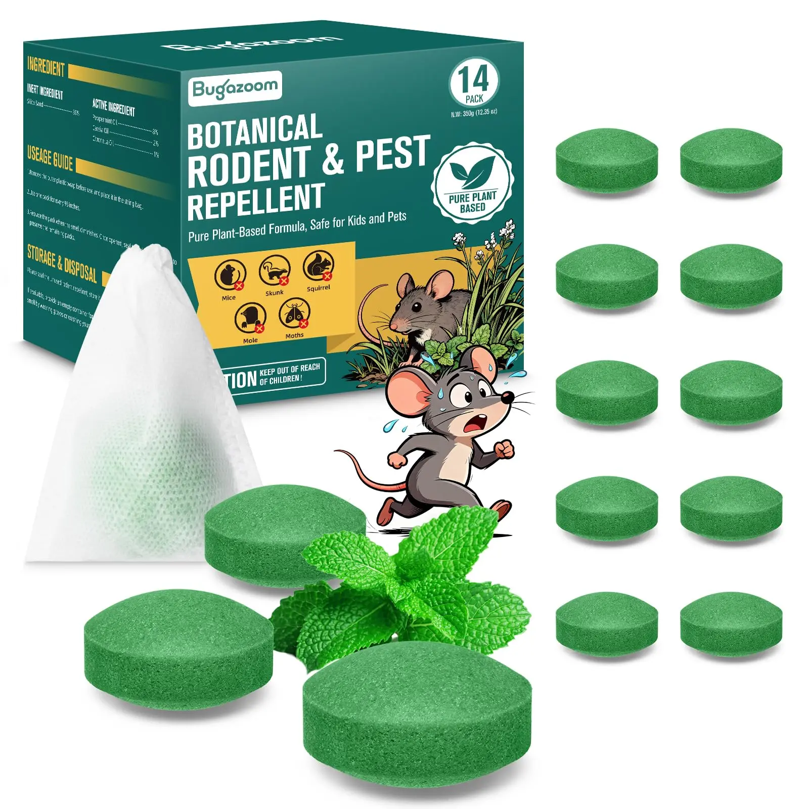 14 Pack Peppermint Oil Mouse & Rat Repellent, Indoor & Outdoor Rodent Deterrent Pouches for Mice, Squirrels, Chipmunks & Garages