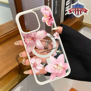 Petals in Paradise Pattern Magnetic Phone Case Supports Wireless Charging for iPhone 15 16 14 Pro Max 13 12 11 XR XS E Plus Shockproof Non Slip Protection Silicone Transparent Acrylic Cover Cellphone Protective