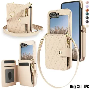 PU Faux Leather Protective Flip Case Casing Suitable For Samsung Suitable For Galaxy Z Flip 7 FE 6 5 4 3 5G With RFID Blocking, Crossbody Wallet Card Slots Stand Phone Bag With Wrist Strap Cover Accessories