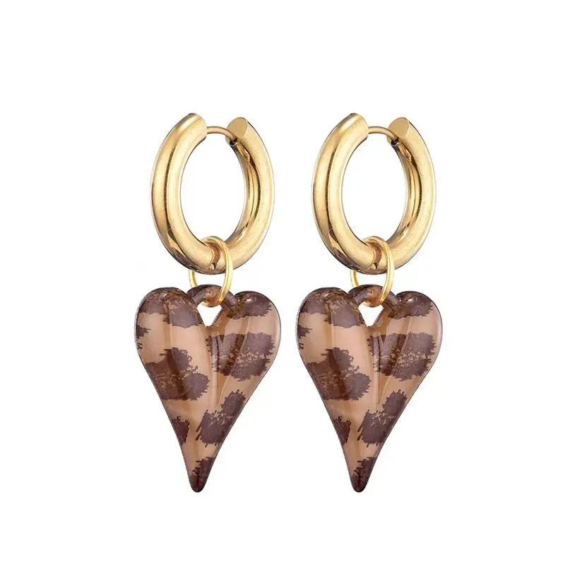 Women's Gold Hoop Earrings - Single Pair, New Fashion Acrylic Resin Cheetah Pattern Leopard Heart Pendant, Thick Stainless Steel Ear Buckle Costume Jewelry, Hoop Earrings Gold, Cheetah Pattern Earrings