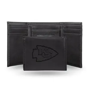 212 MAIN Men's NFL Kansas City Chiefs Laser-Engraved Black Trifold Wallet, Trifold Card Holder, Faux Leather