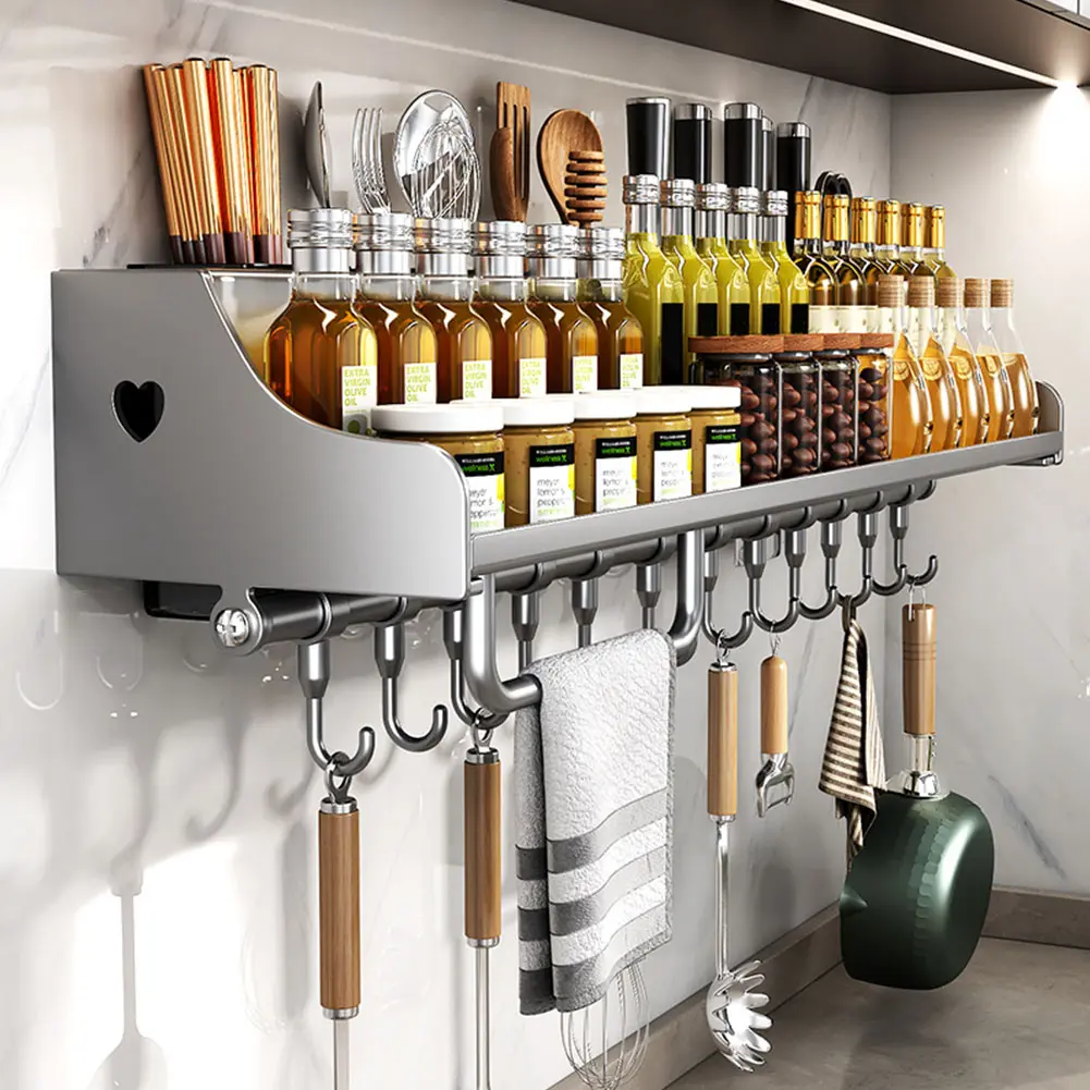 60cm Durable Rust-Resistant Stainless Steel Metal Kitchen Wall-Mounted Storage Rack with 12 Smooth Hangers, Versatile Utensil & Spice Organiser, Nail-In Easy Installation